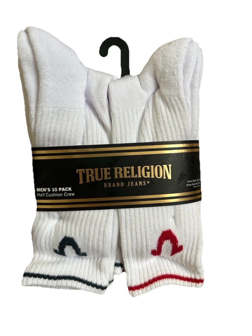True Religion White Crew Socks with Red & Navy Logos - 10 Pack